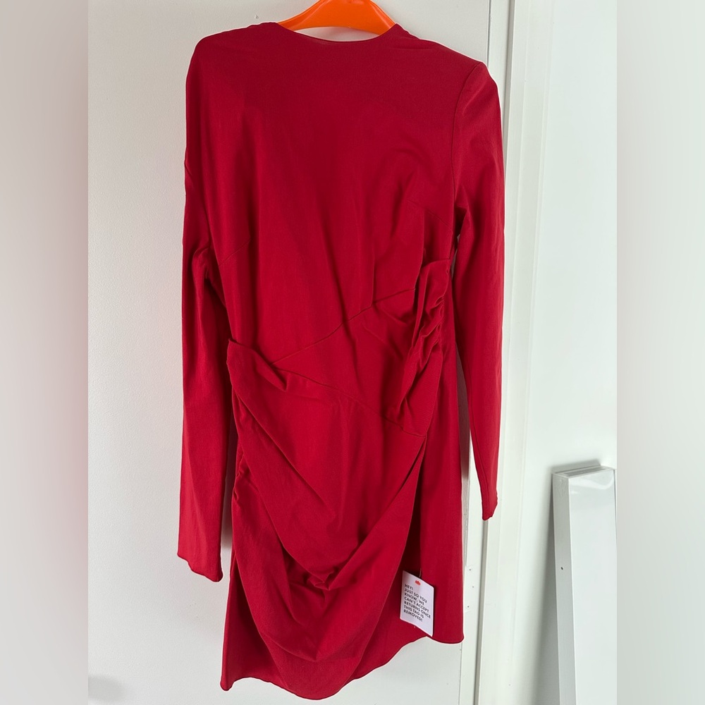 NWT Red Long Sleeve Structured mini Dress w Pleated Ruched Bodice